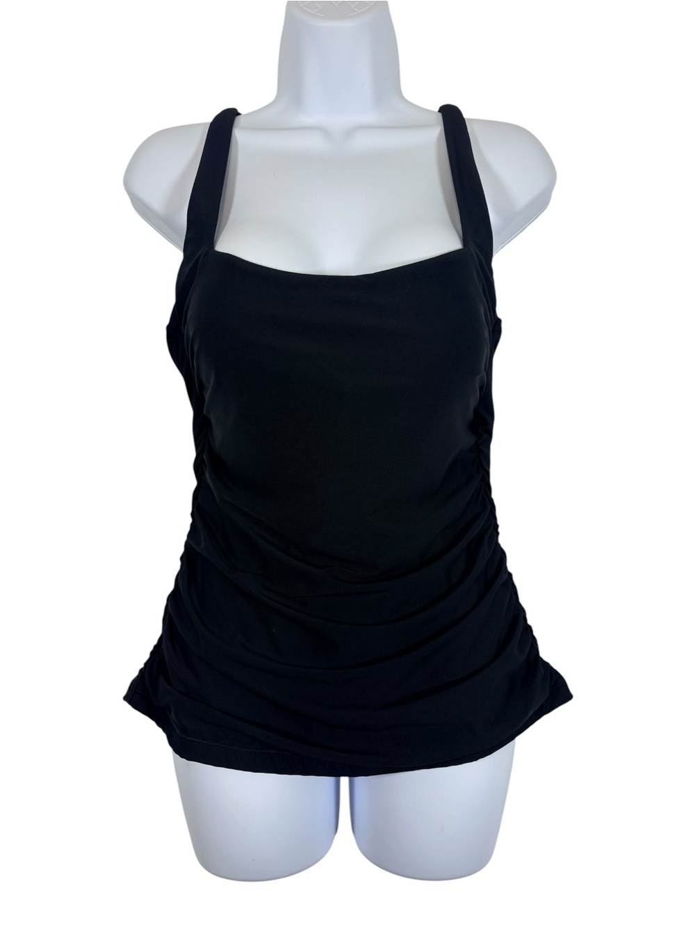 Athleta Black Ruched Tankini Swim Top 36B/C Shelf Bra Adjustable Straps